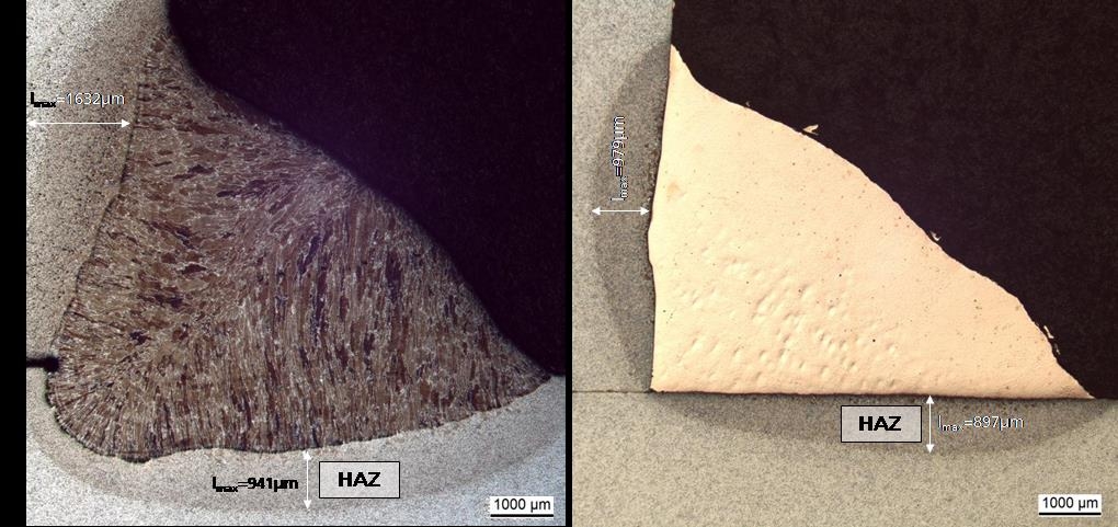 Vergleich Mikroschliffe MSG-Schweißnaht (links) und MSG-Lötnaht mit Kupferbasislot (rechts)