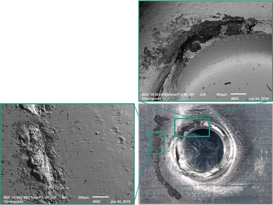 Schädigungsanalyse am Clinchpunkt nach zykl Belastung mittels REM