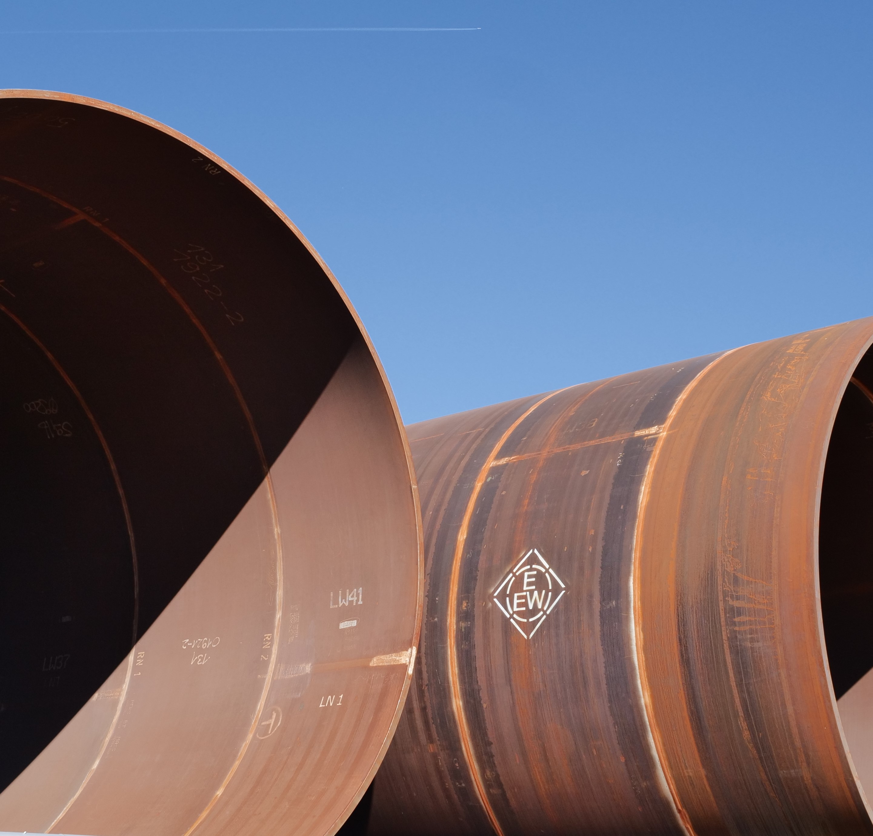 Close-up of two foundation piles for offshore wind turbines by EEW.